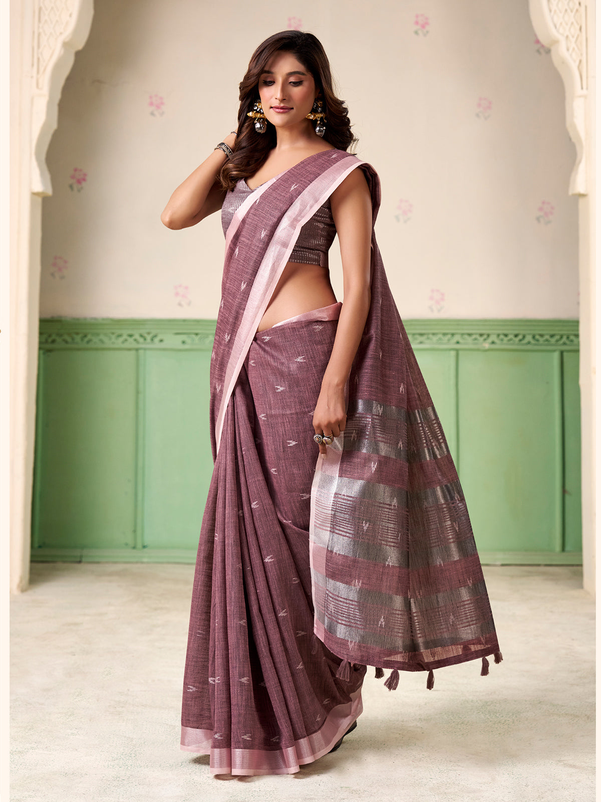 Onion pink linen silk zari elegance