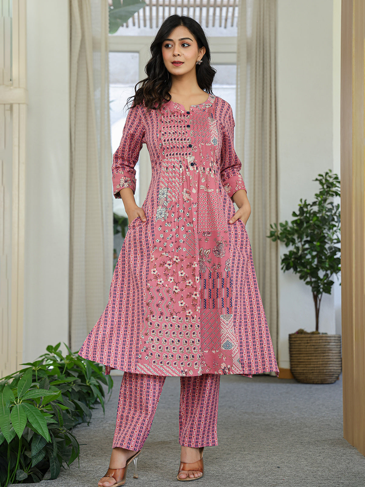 Onion pink silk printed kurti set