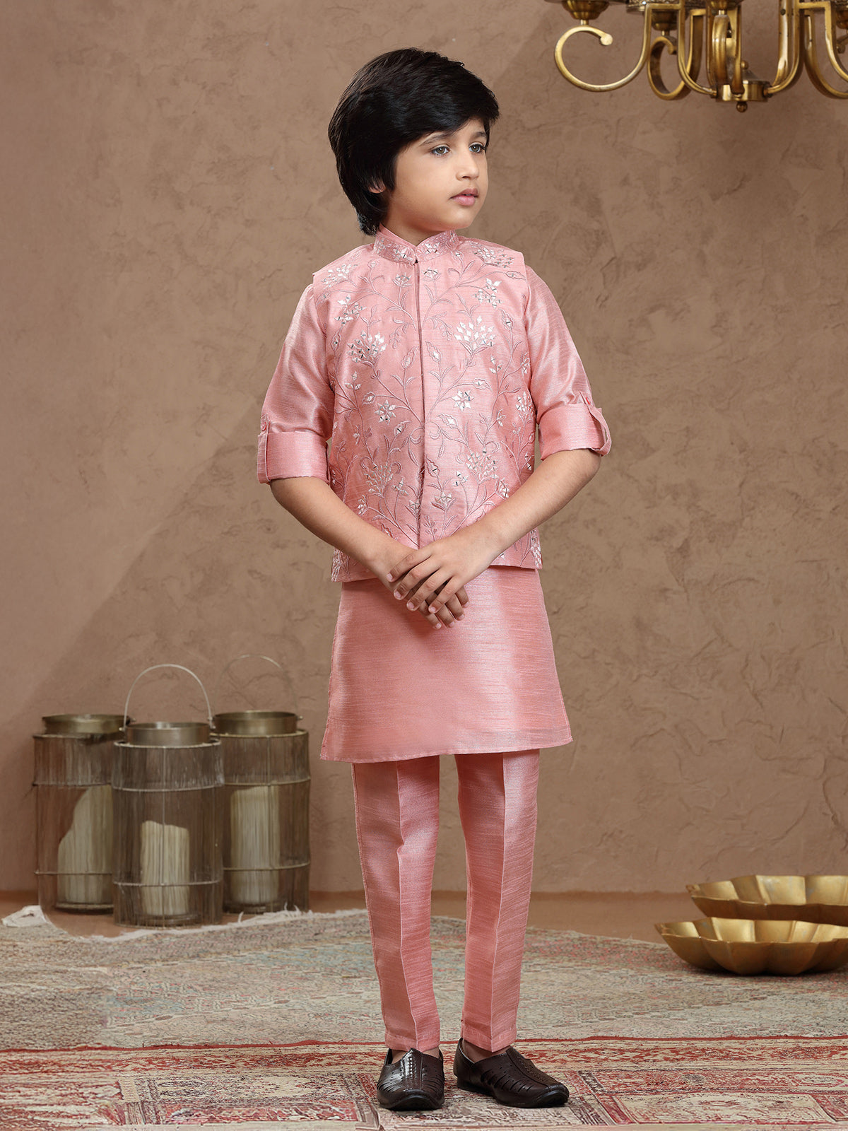 Onion pink silk waistcoat set for wedding wear