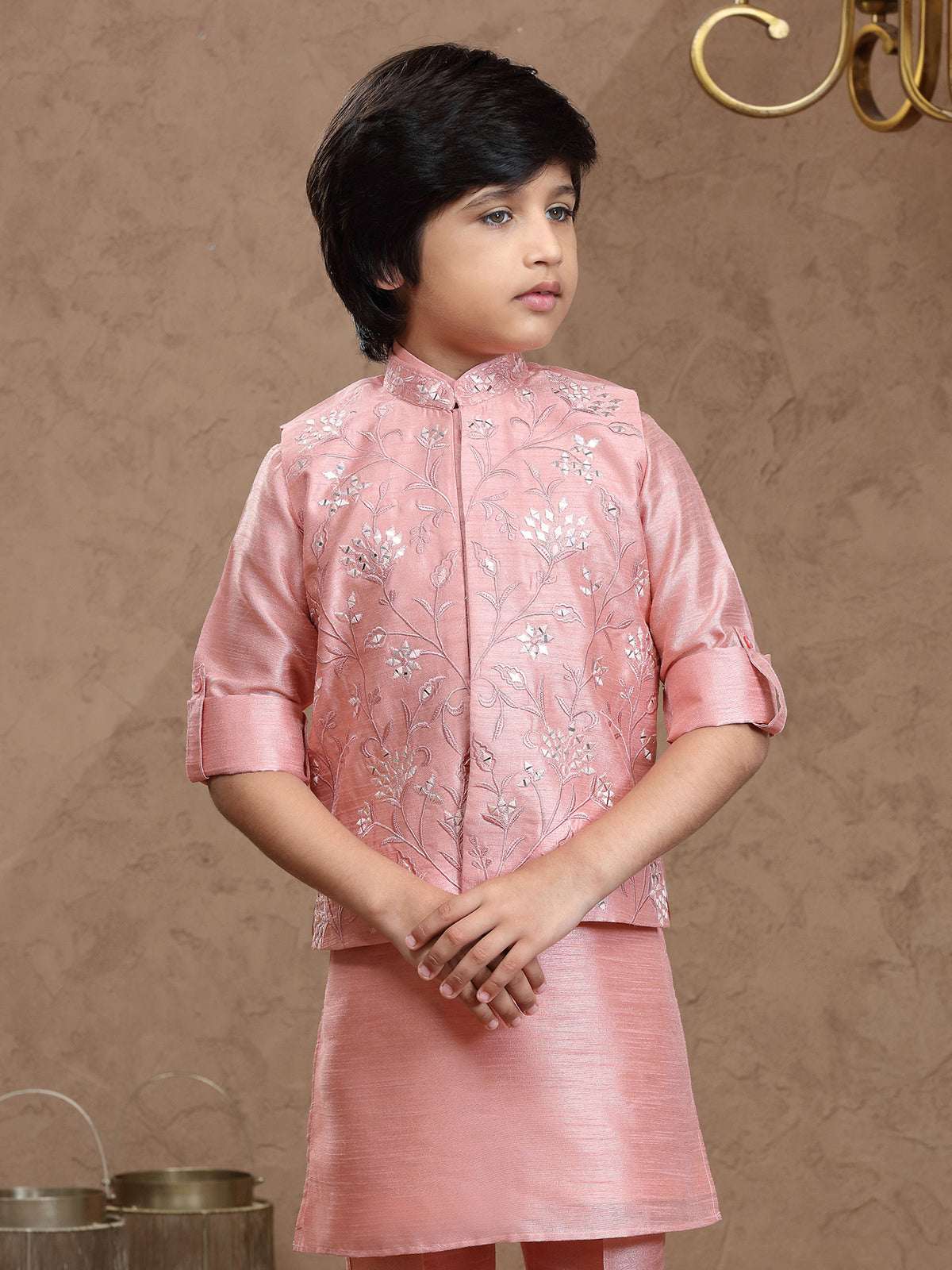 Onion pink silk waistcoat set for wedding wear