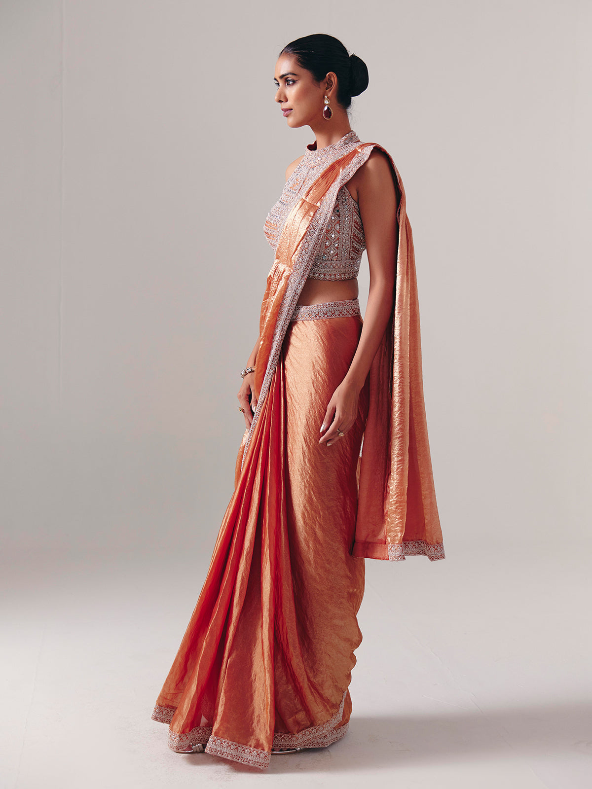 Orange chiffon silk ready to wear saree