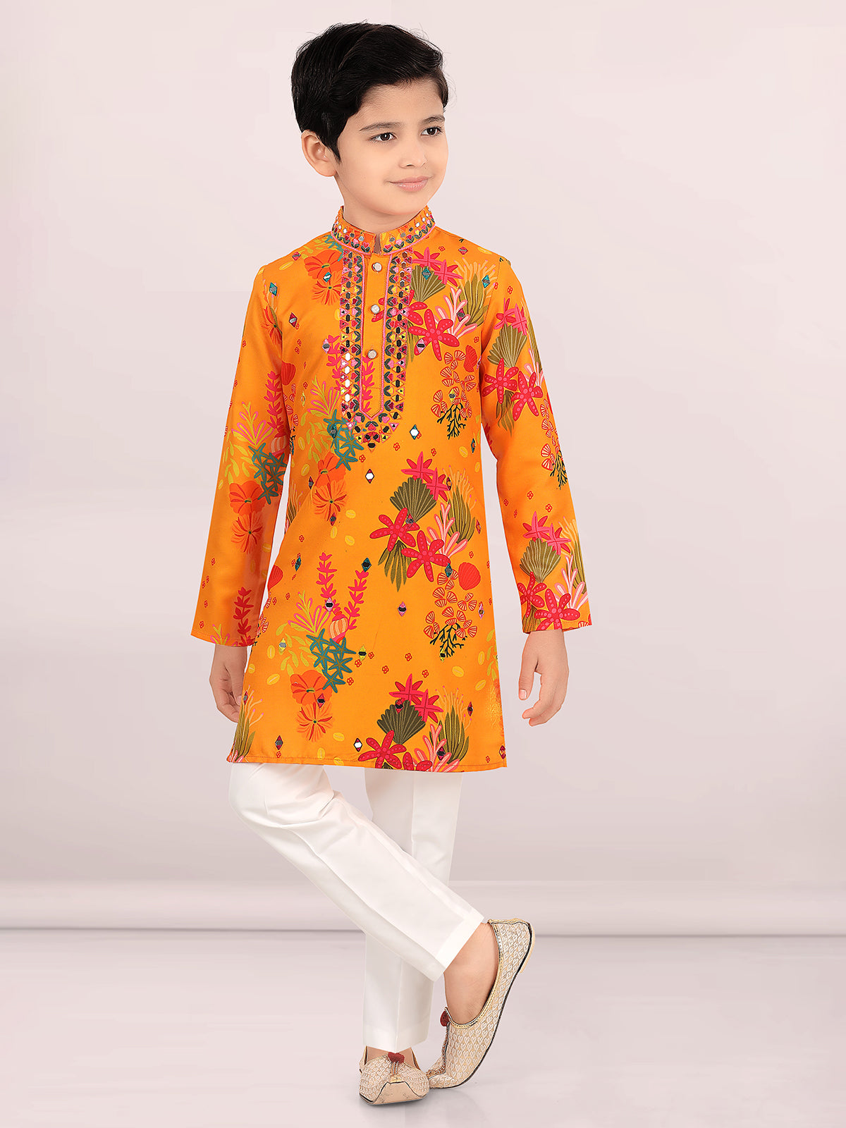 Orange cotton silk haldi special kurta suit for boys