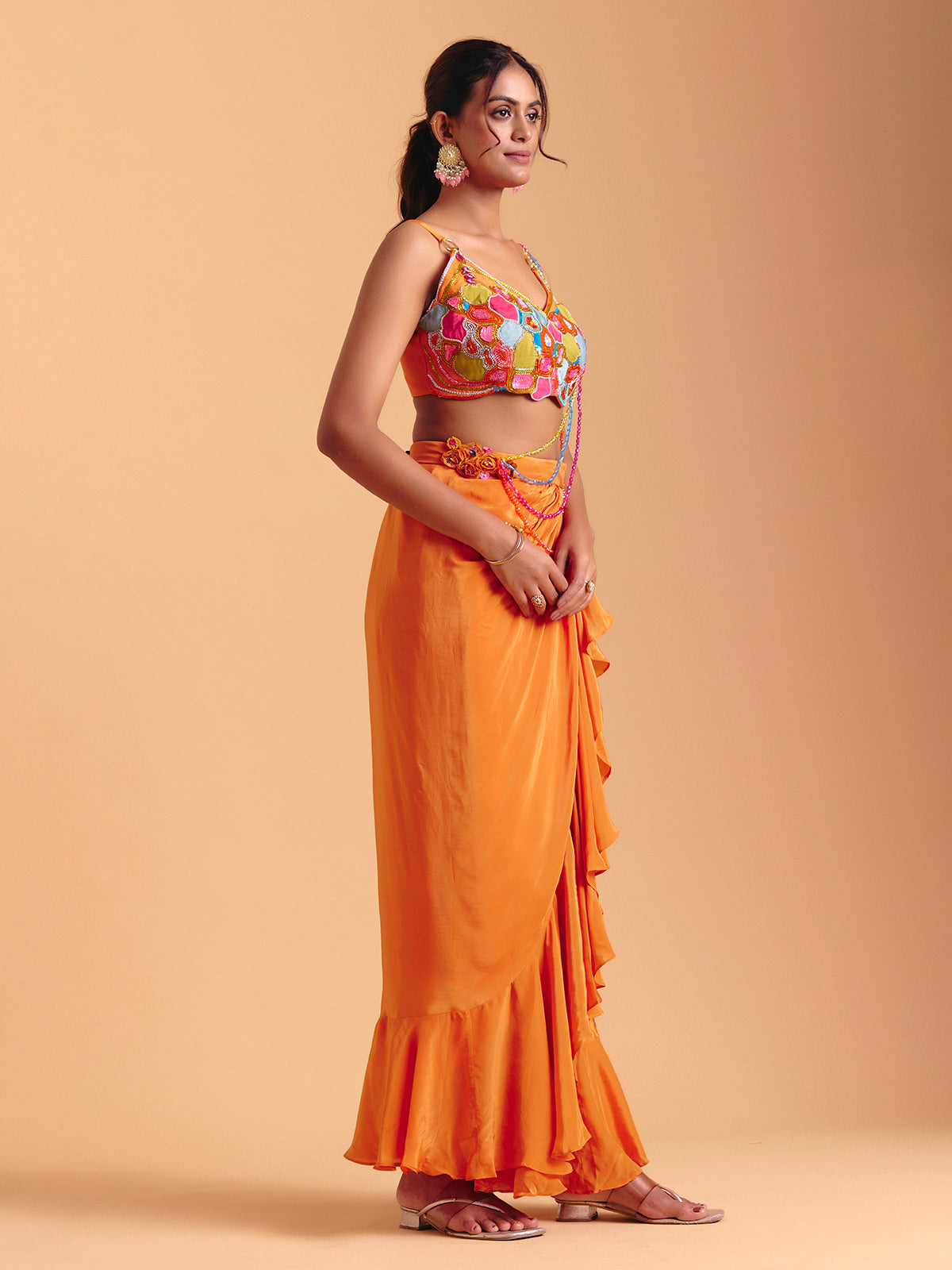 Orange satin silk indowestern suit with attached dupatta