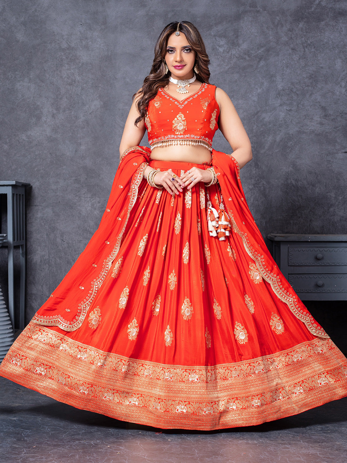 Orange silk lehenga choli for special ocassions