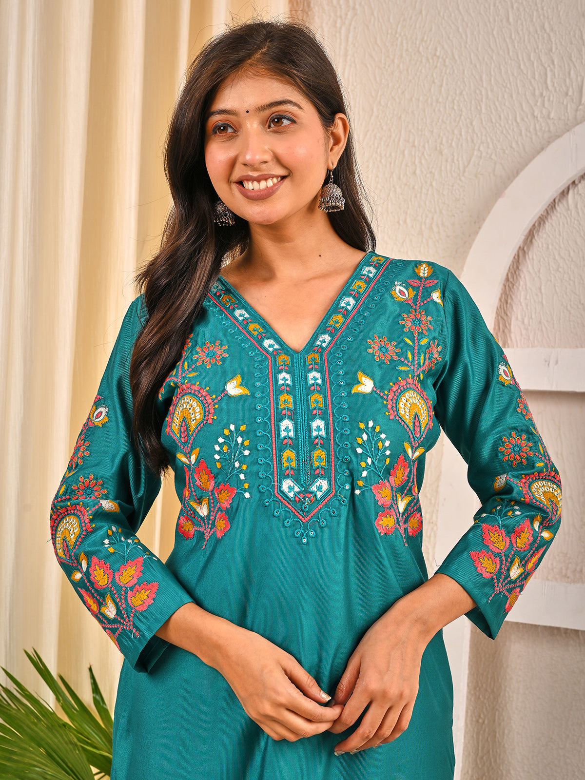Pastel aqua silk V neck embroidered kurti