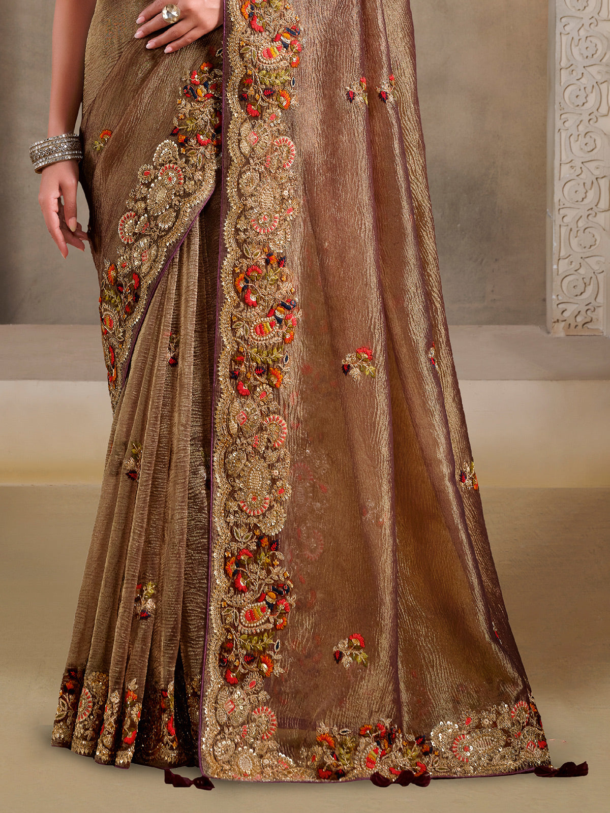 Pastel brown banarasi silk saree of subtle opulence