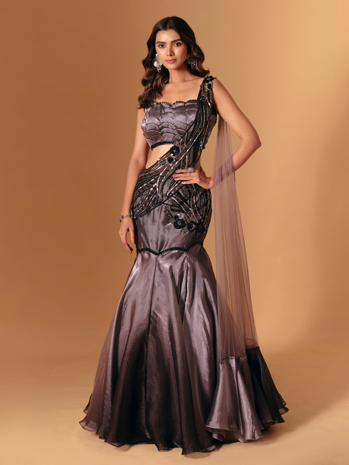 Pastel brown organza designer lehenga choli