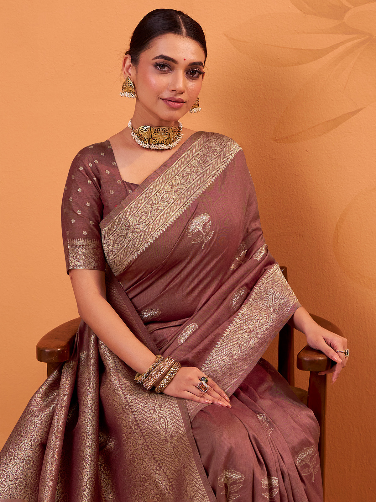 Pastel brown tusser silk saree with zari accents
