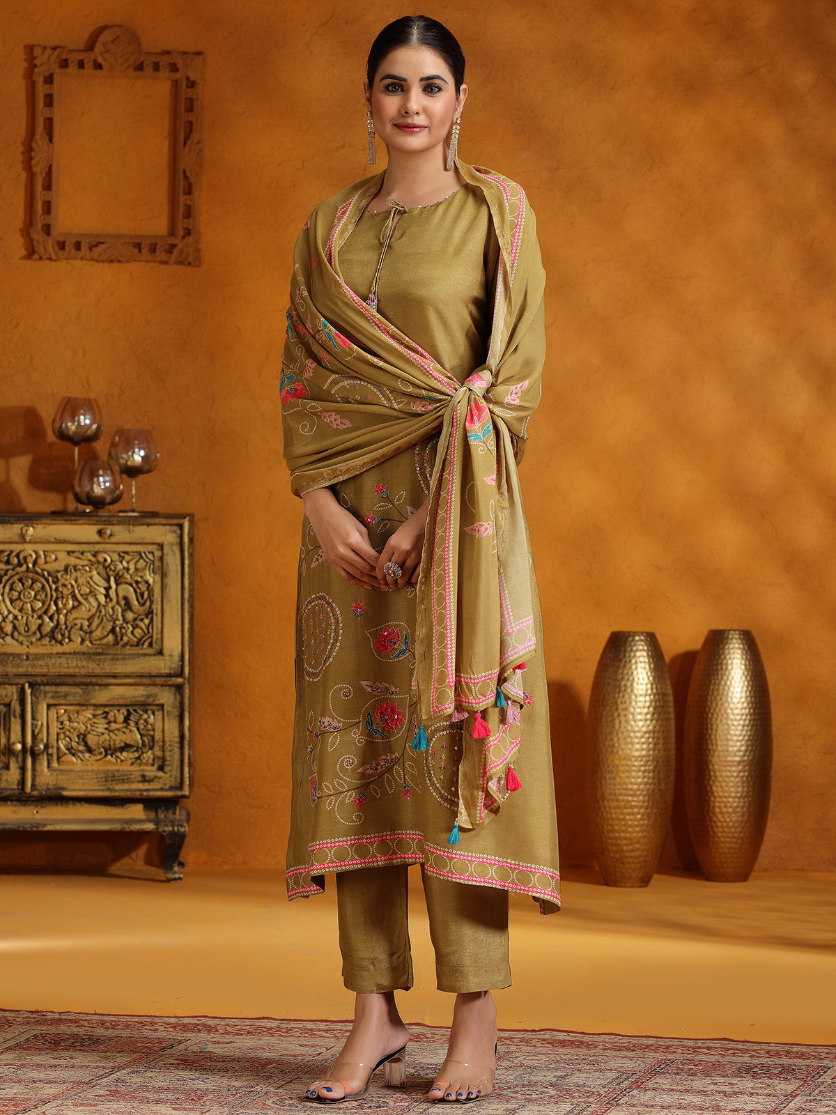 Pastel olive printed kurti set with dupatta