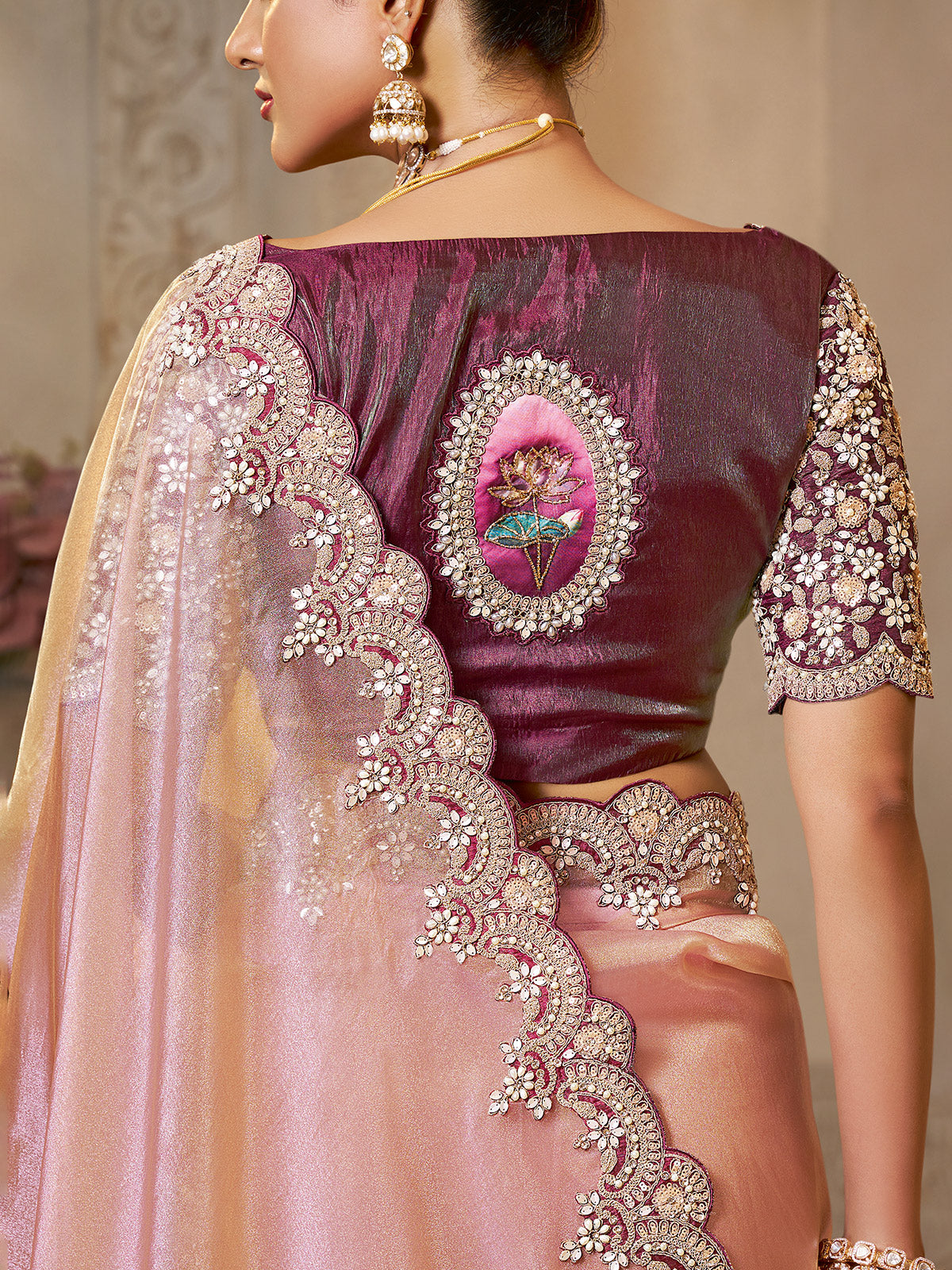 Pastel pink organza silk saree with mirror elegance