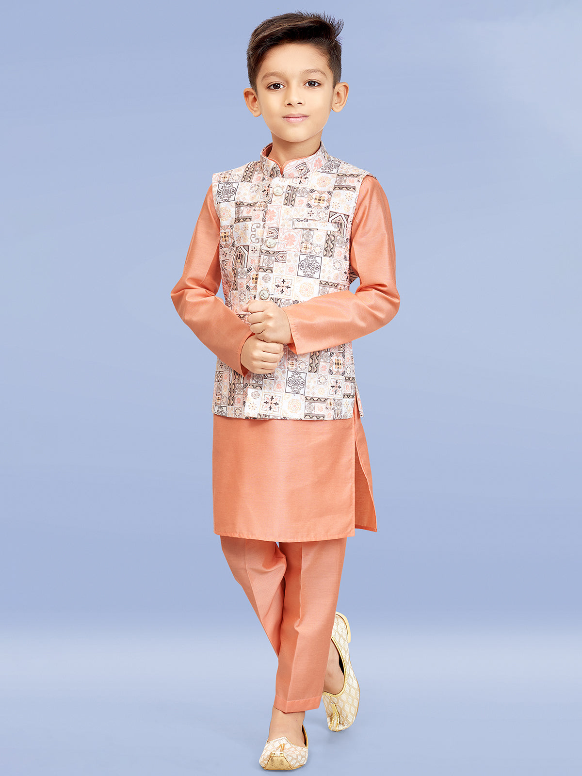 Peach and cream printed waistcoat set for boy