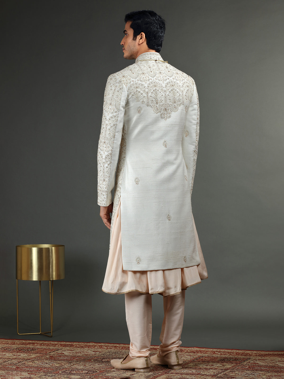 Peach and off white raw silk sherwani
