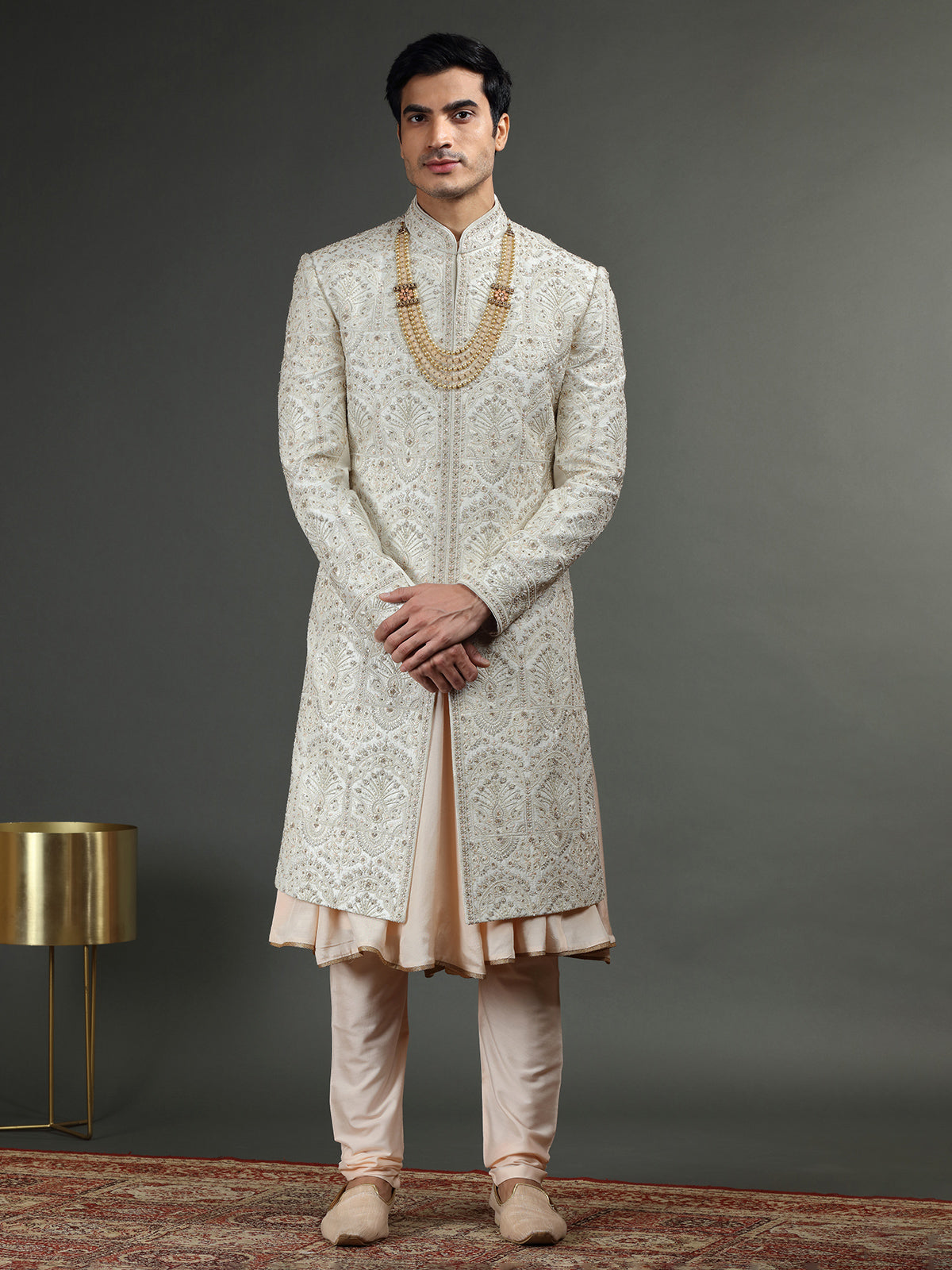 Peach and off white raw silk sherwani