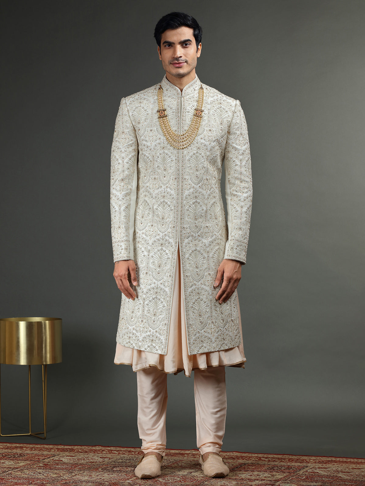 Peach and off white raw silk sherwani