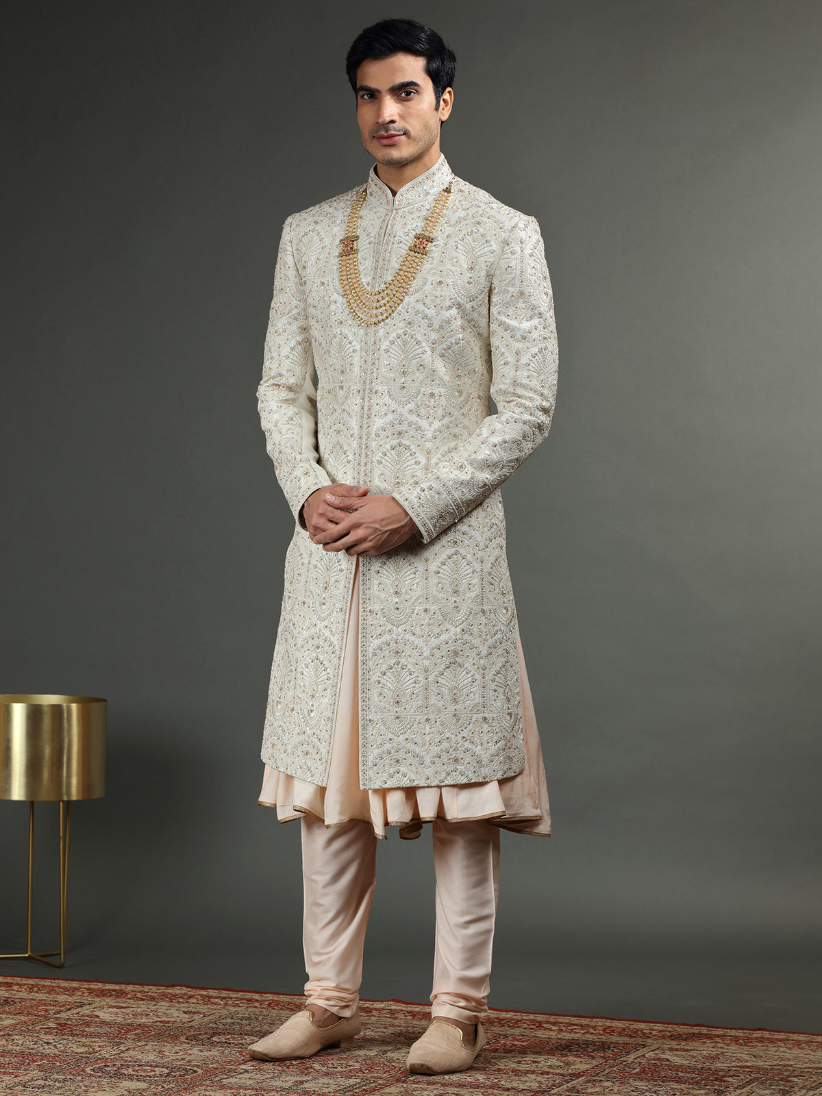 Peach and off white raw silk sherwani