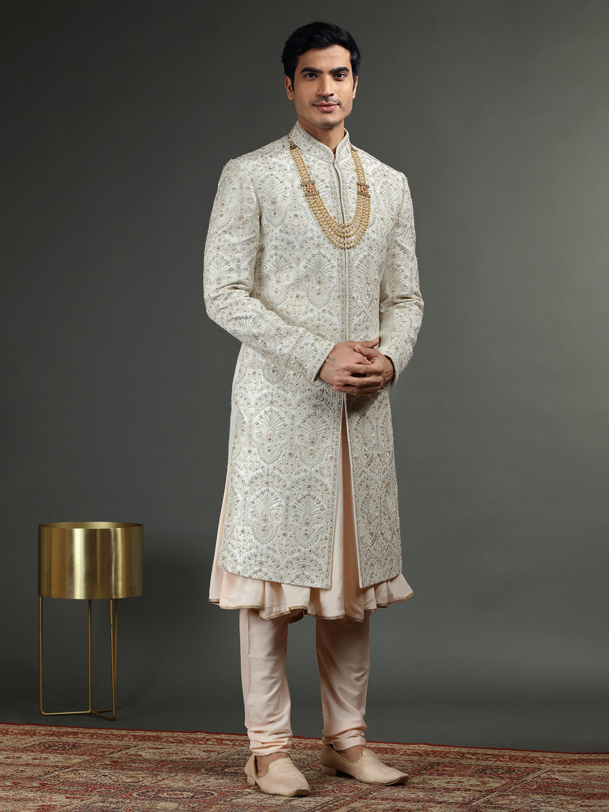 Peach and off white raw silk sherwani