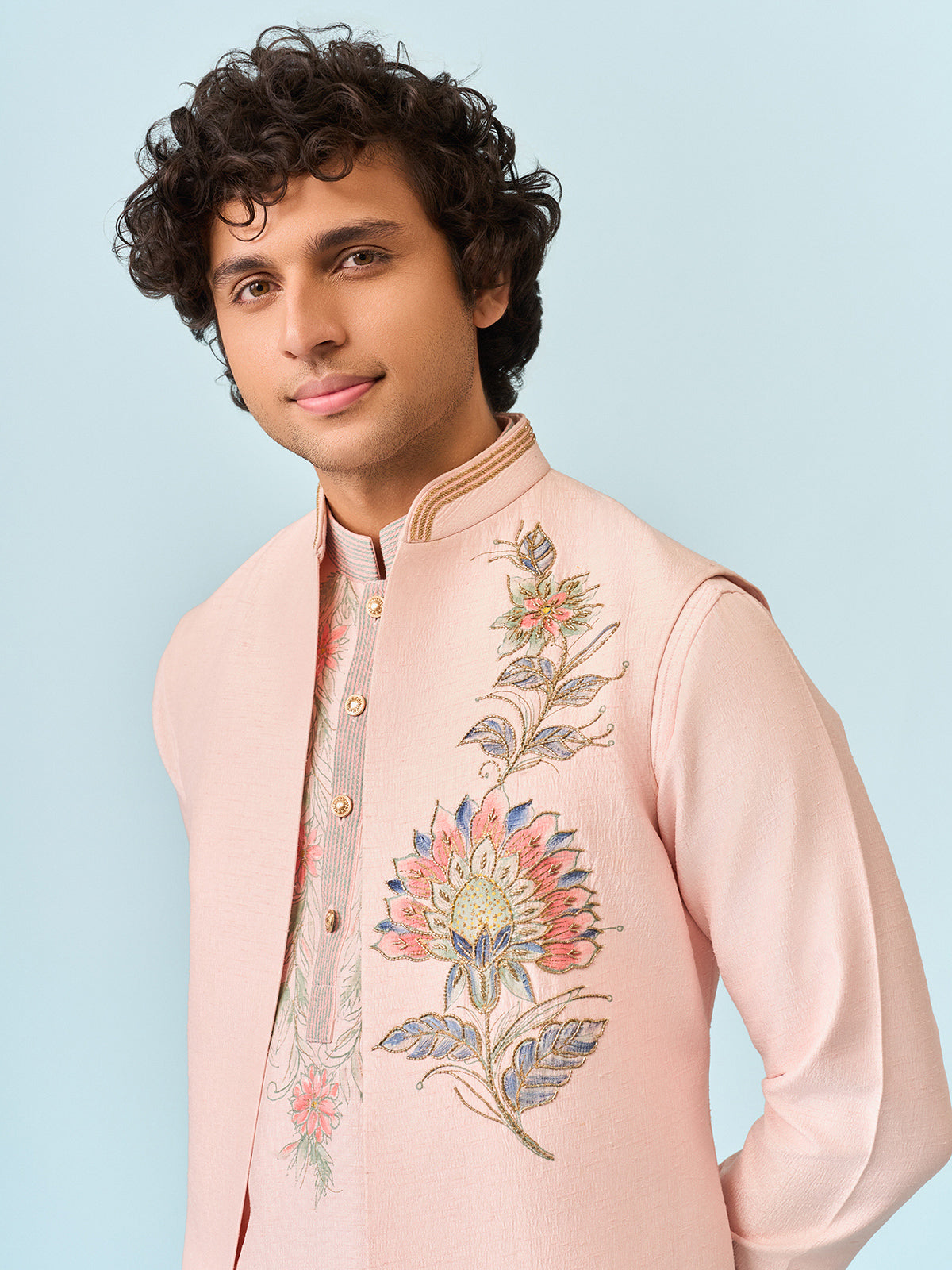 Peach artistry printed silk waistcoat set for men