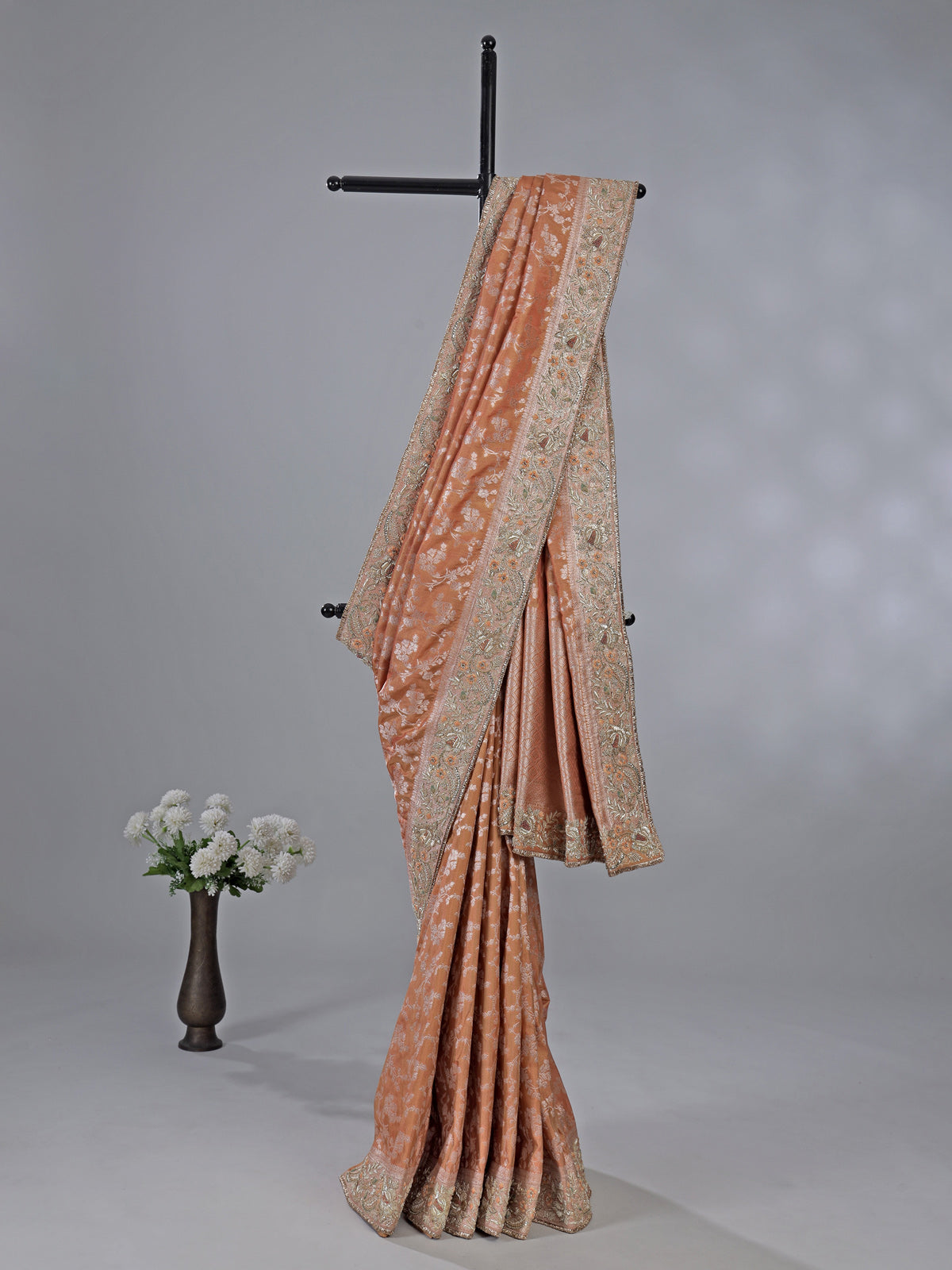 Peach banarasi silk saree with unstitched blouse