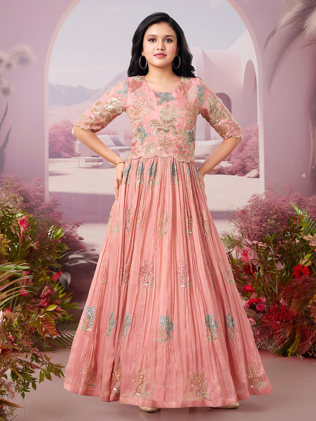Peach chiffon embroidered gown for girls