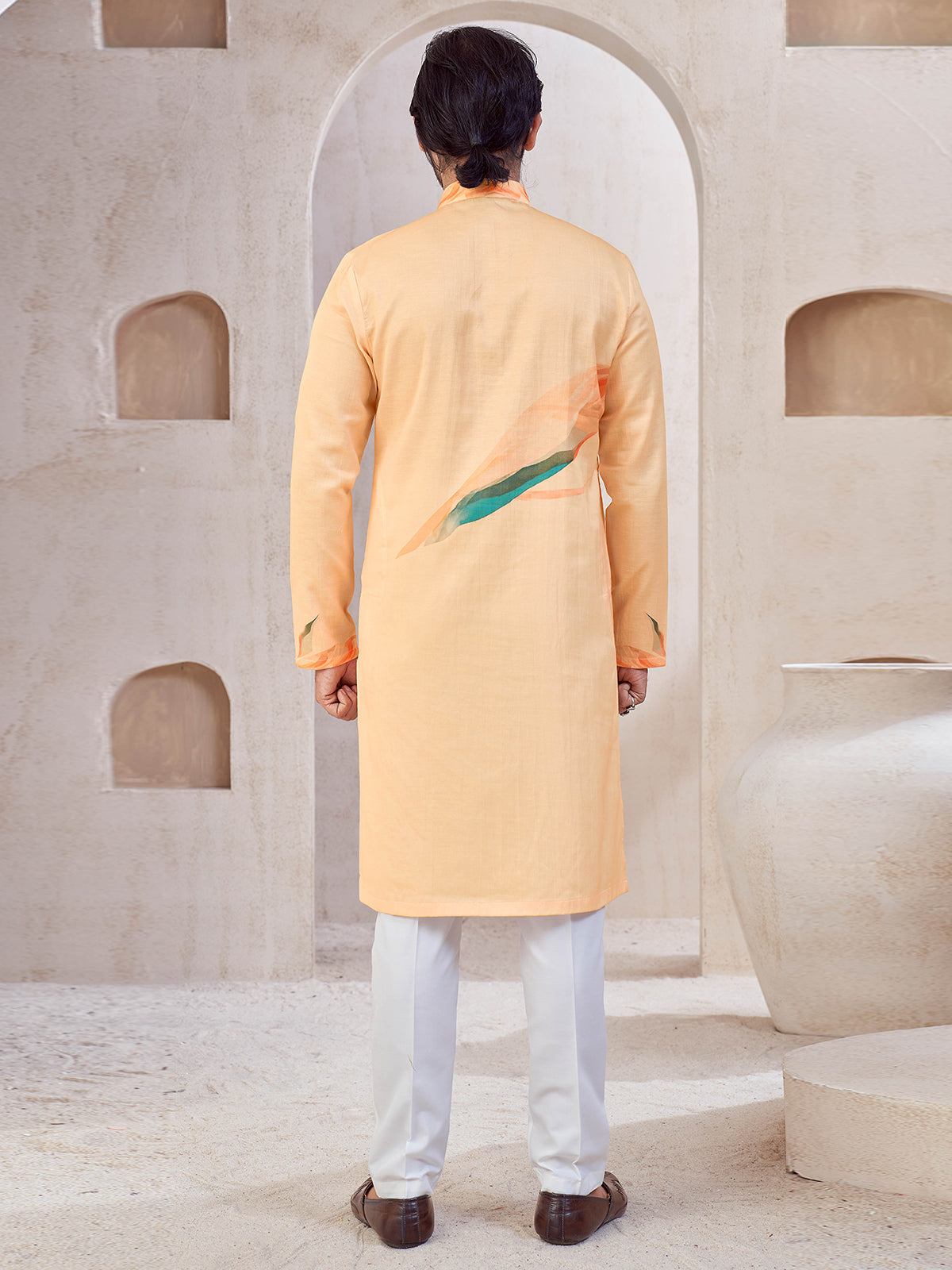 Peach cotton printed kurta suit for men