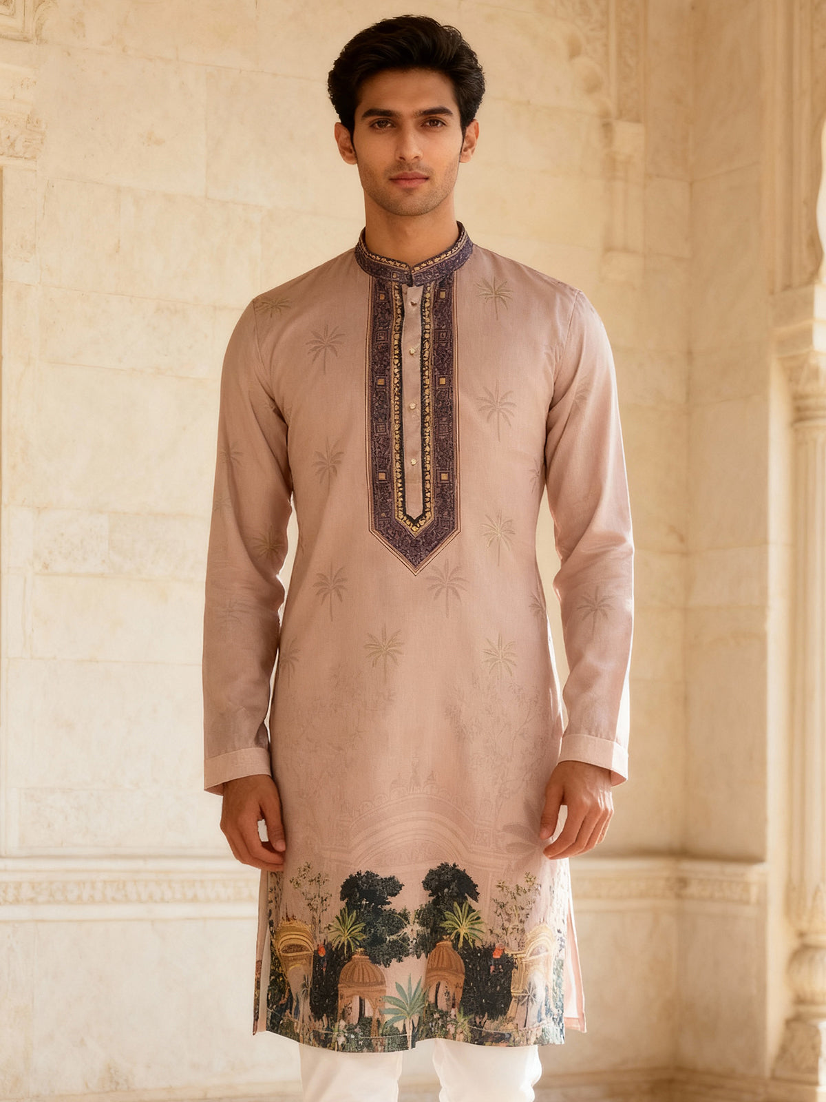 Peach cotton silk daman printed festive kurta suit