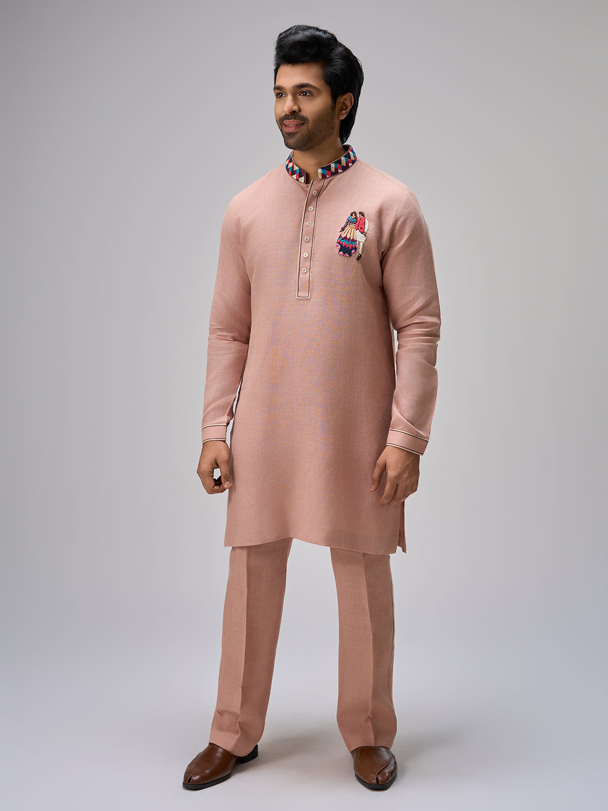 Peach embroidered scene kurta pajama men