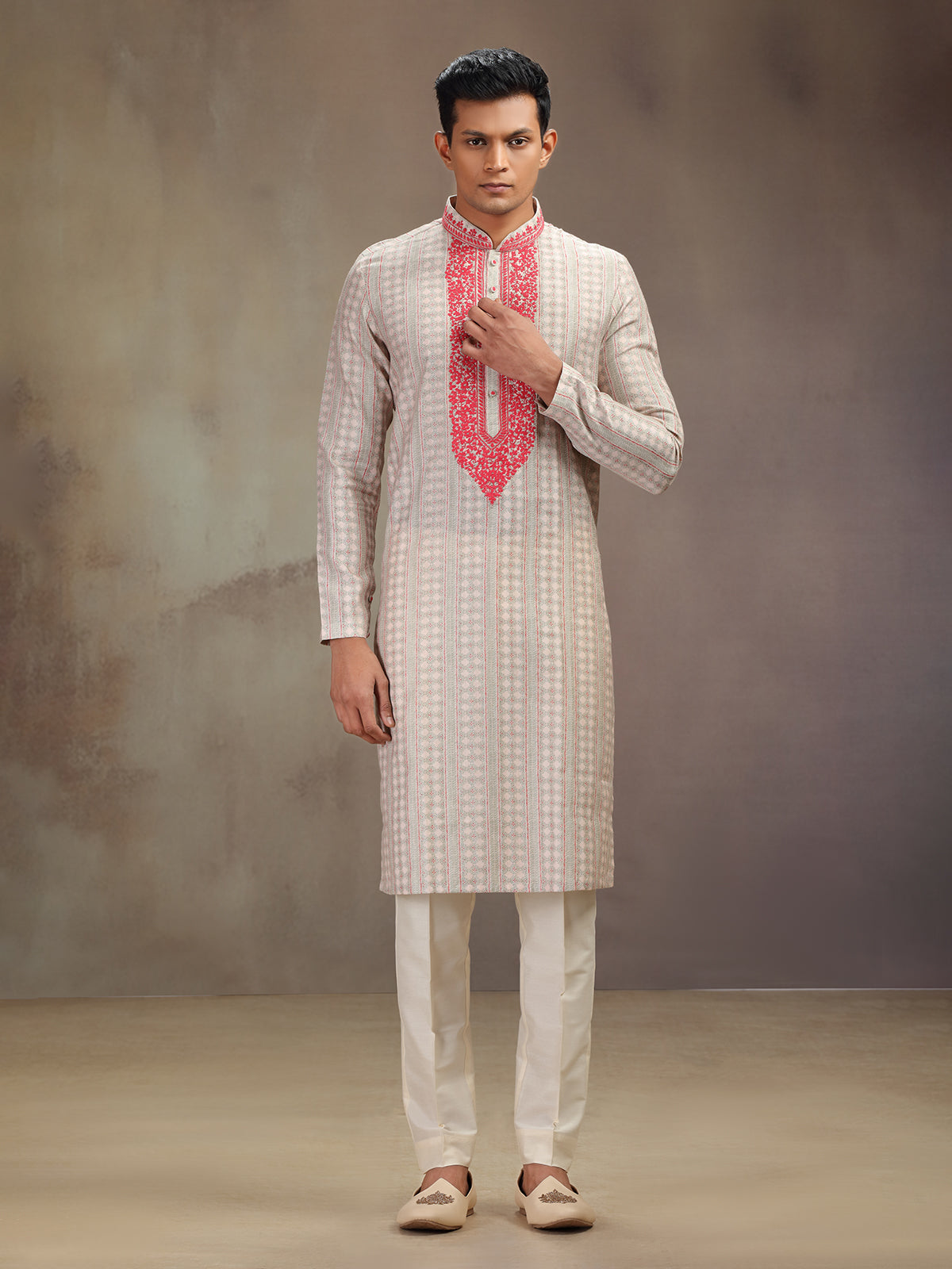 Peach festive wear silk kurta pajam