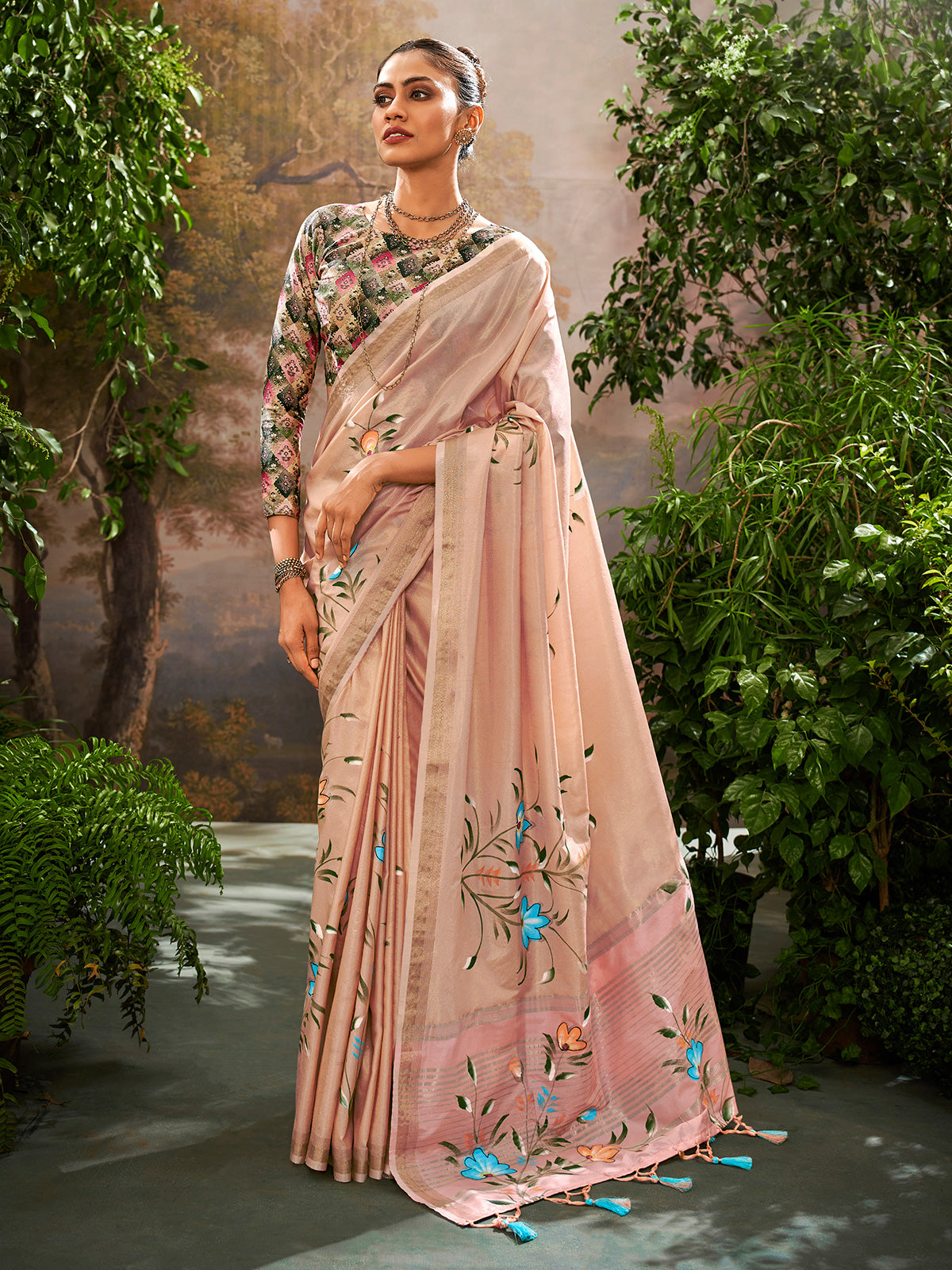 Peach linen printed saree for festival