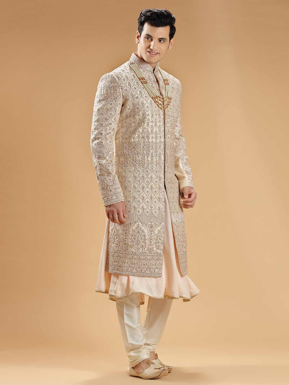 Peach raw silk designer sherwani for groom
