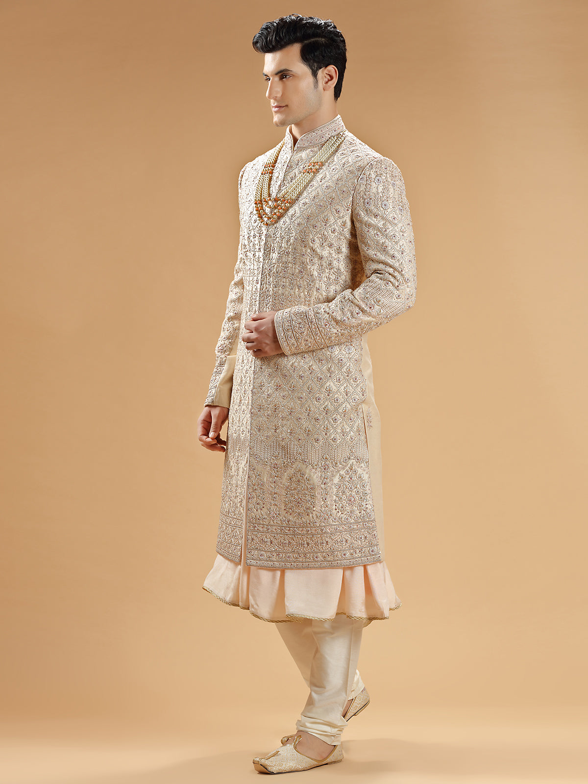 Peach raw silk designer sherwani for groom