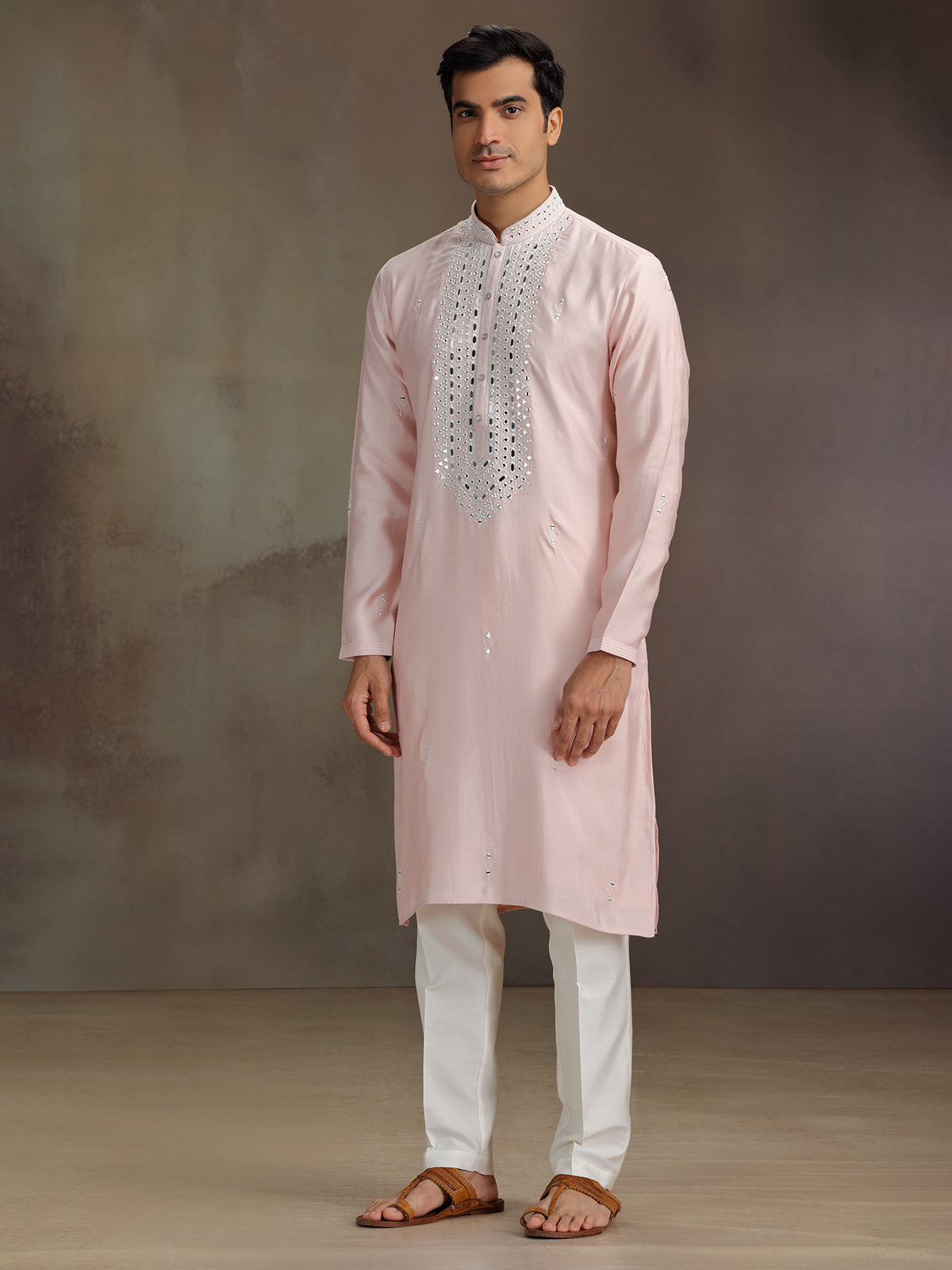 Peach silk aabla work kurta suit for men