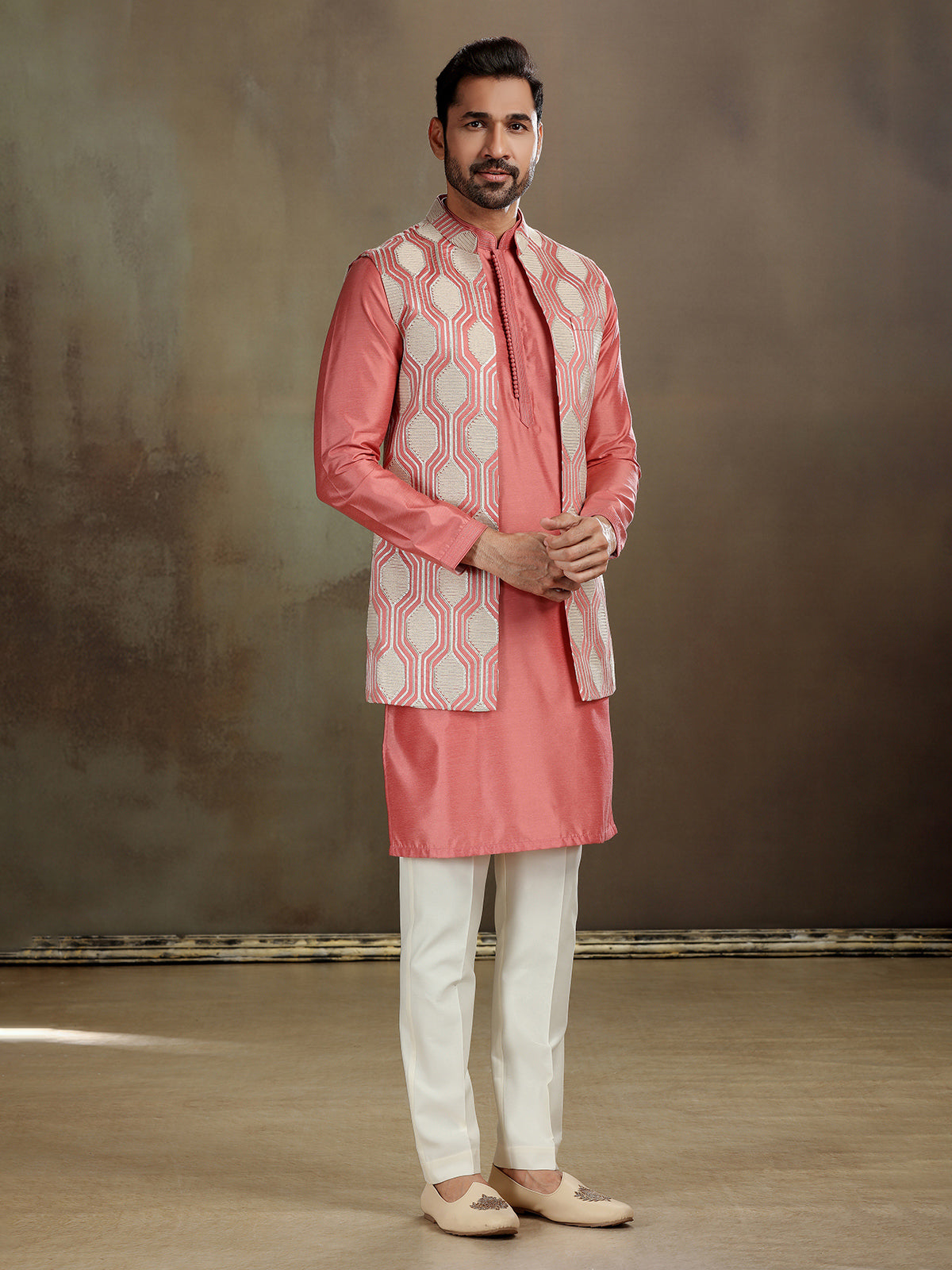 Peach silk gota work waistcoat set
