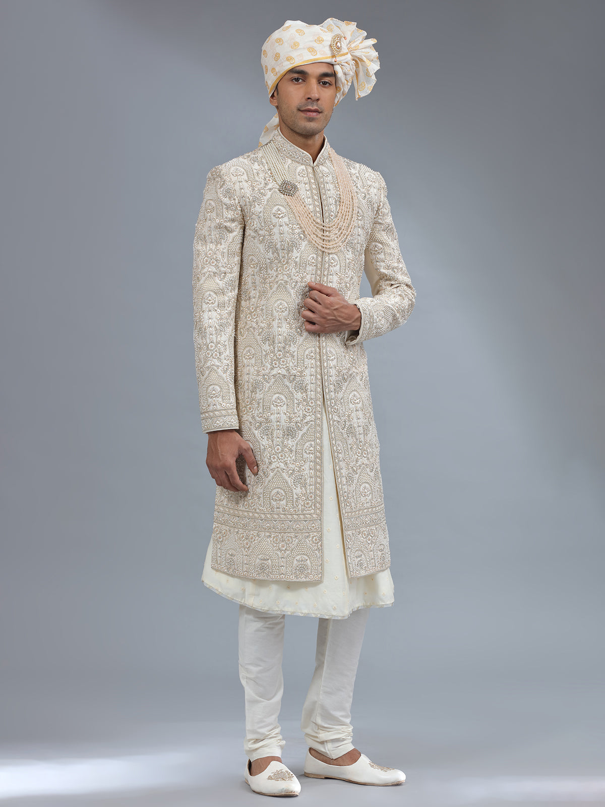 Peshwai cream raw silk sherwani for groom