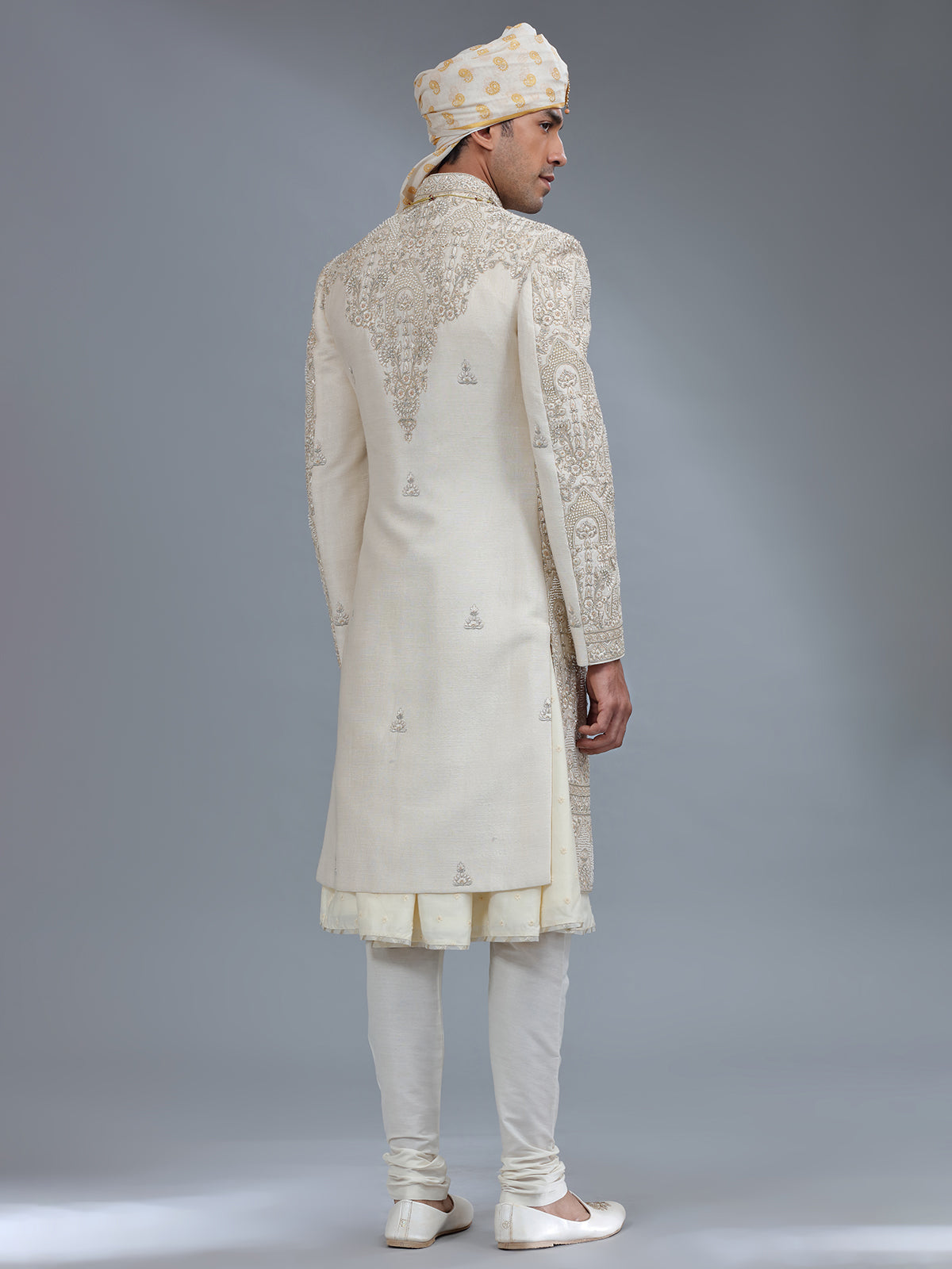 Peshwai cream raw silk sherwani for groom
