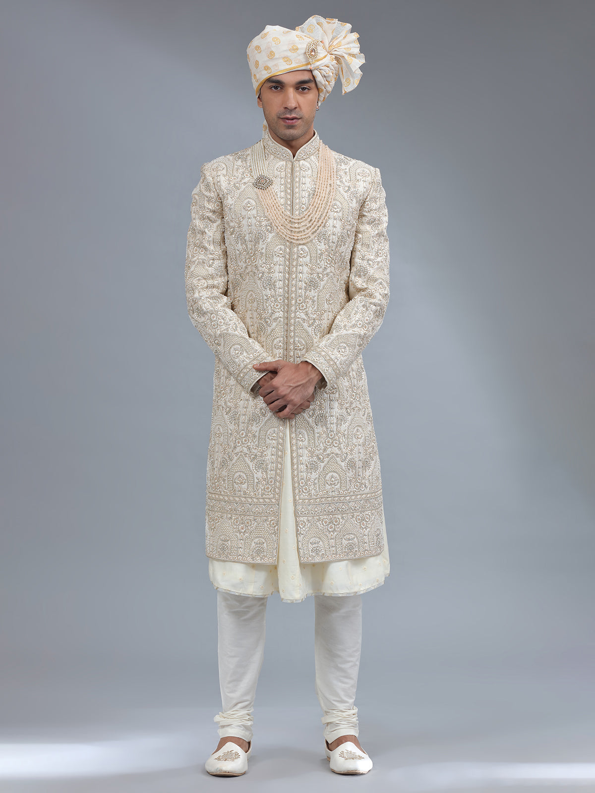 Peshwai cream raw silk sherwani for groom
