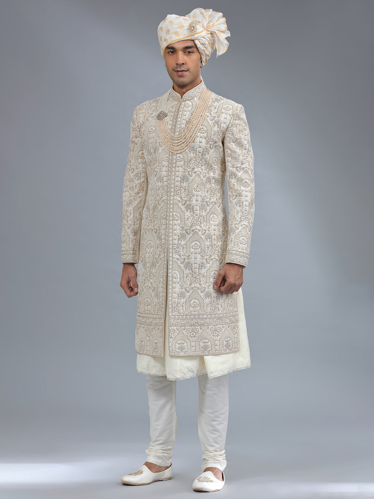 Peshwai cream raw silk sherwani for groom