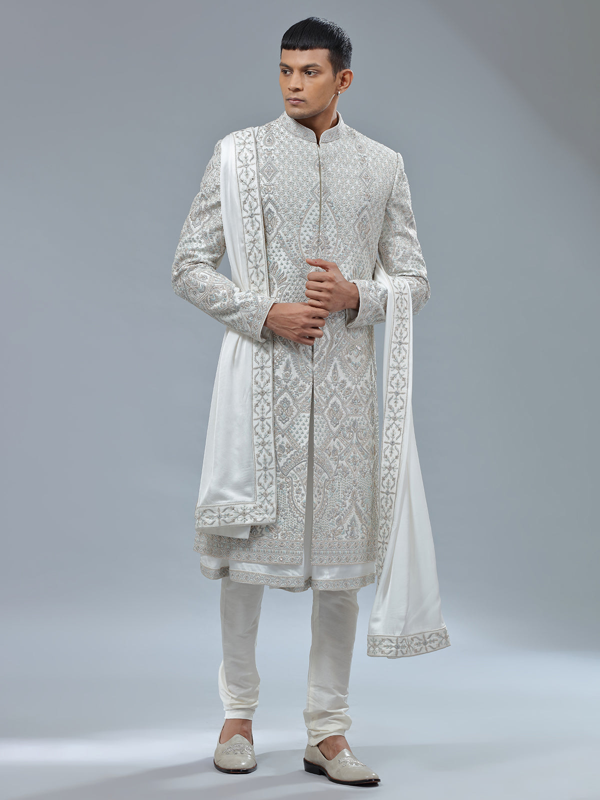 Peshwai style white shrwani with dupatta