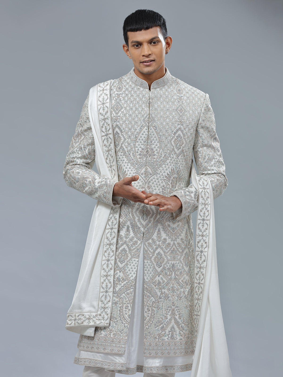 Peshwai style white shrwani with dupatta