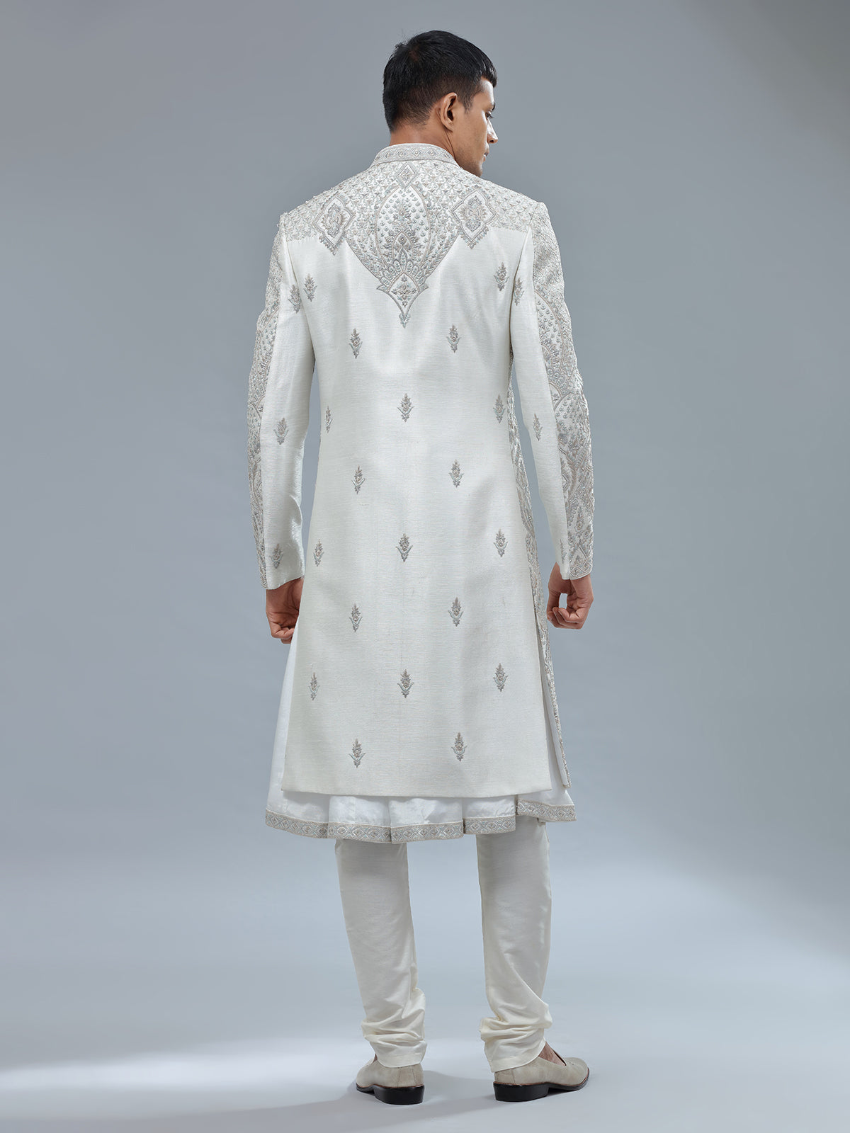 Peshwai style white shrwani with dupatta