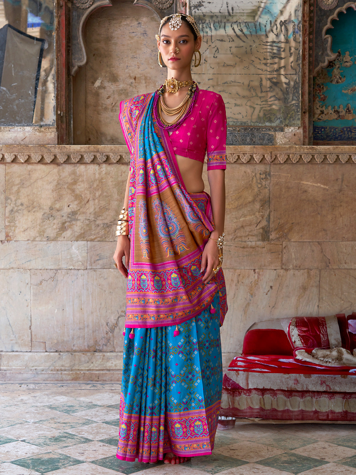 Pink blue luxury print saree