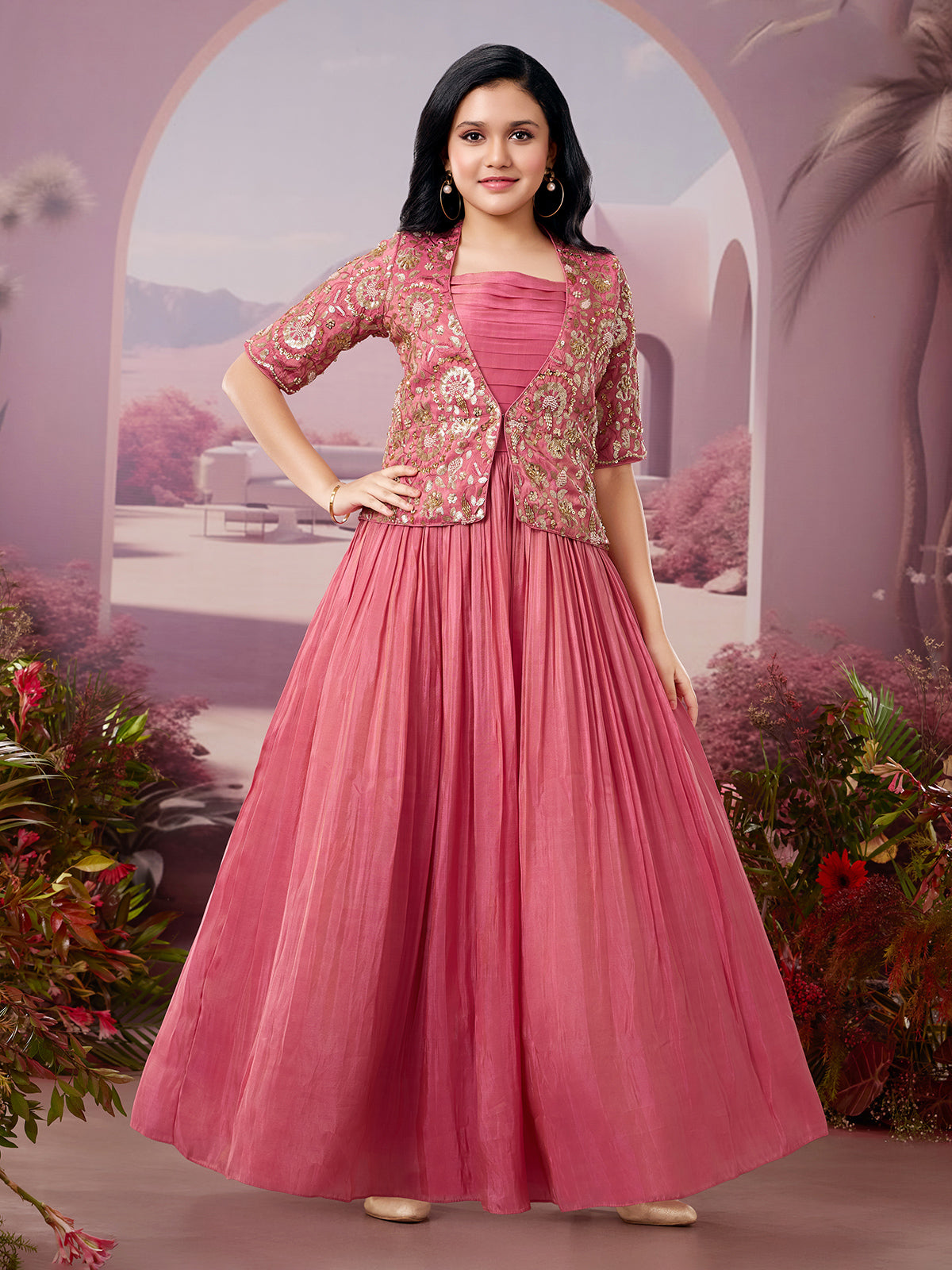 Pink chiffon jacket style gown for girls
