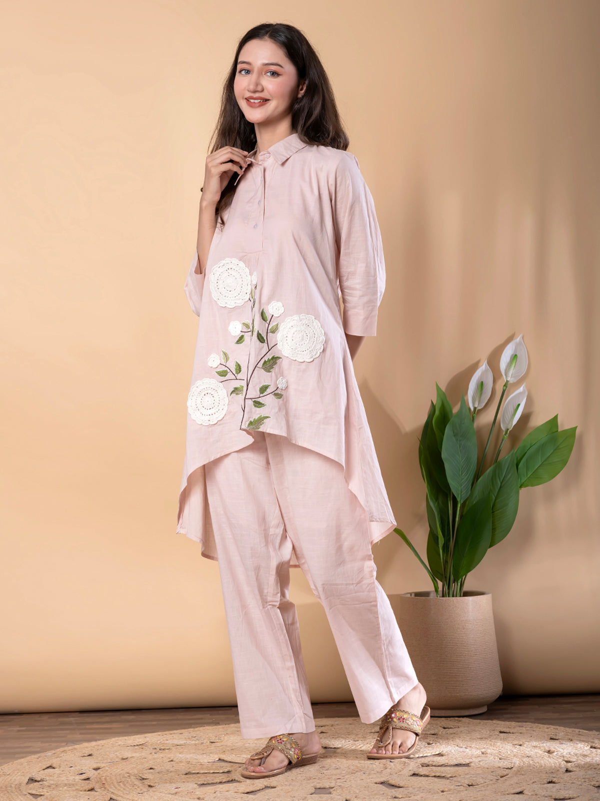 Pink cotton embroidered co ord set