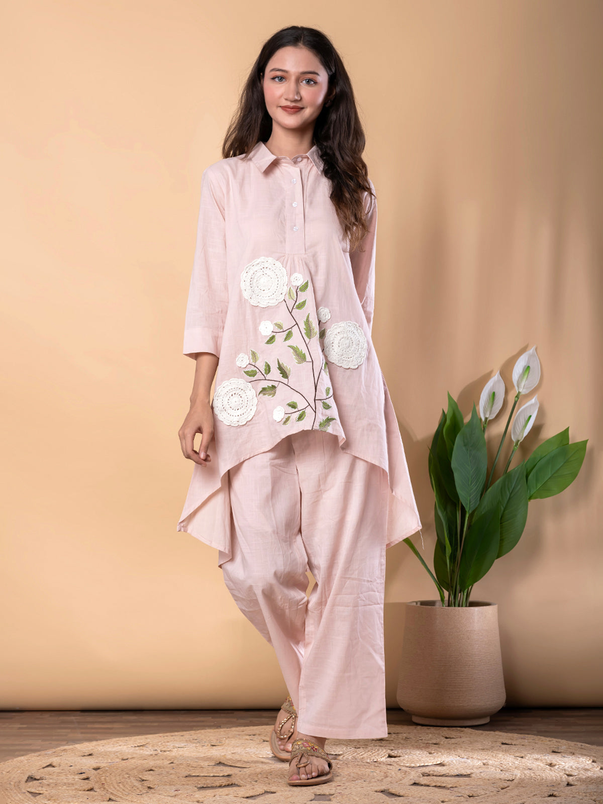 Pink cotton embroidered co ord set