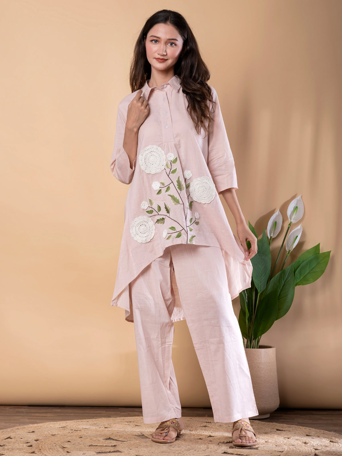 Pink cotton embroidered co ord set