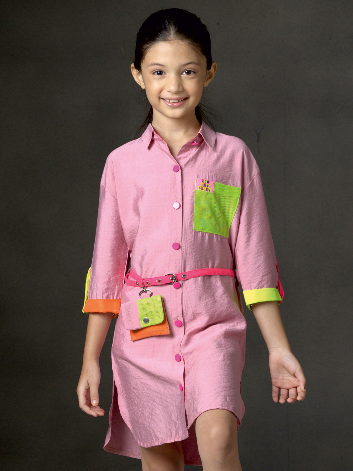 Pink cotton silk mini dress with belted grace