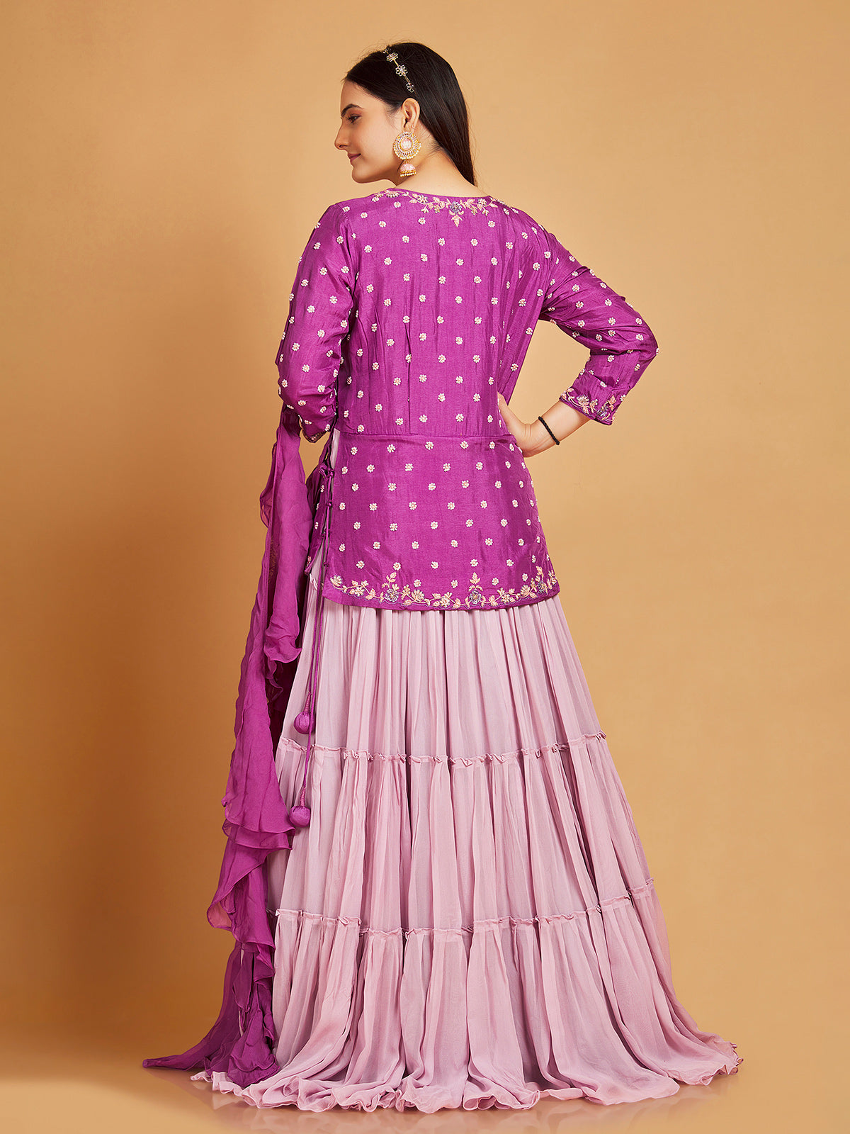 Pink floor length suit with choker ruffle dupatta