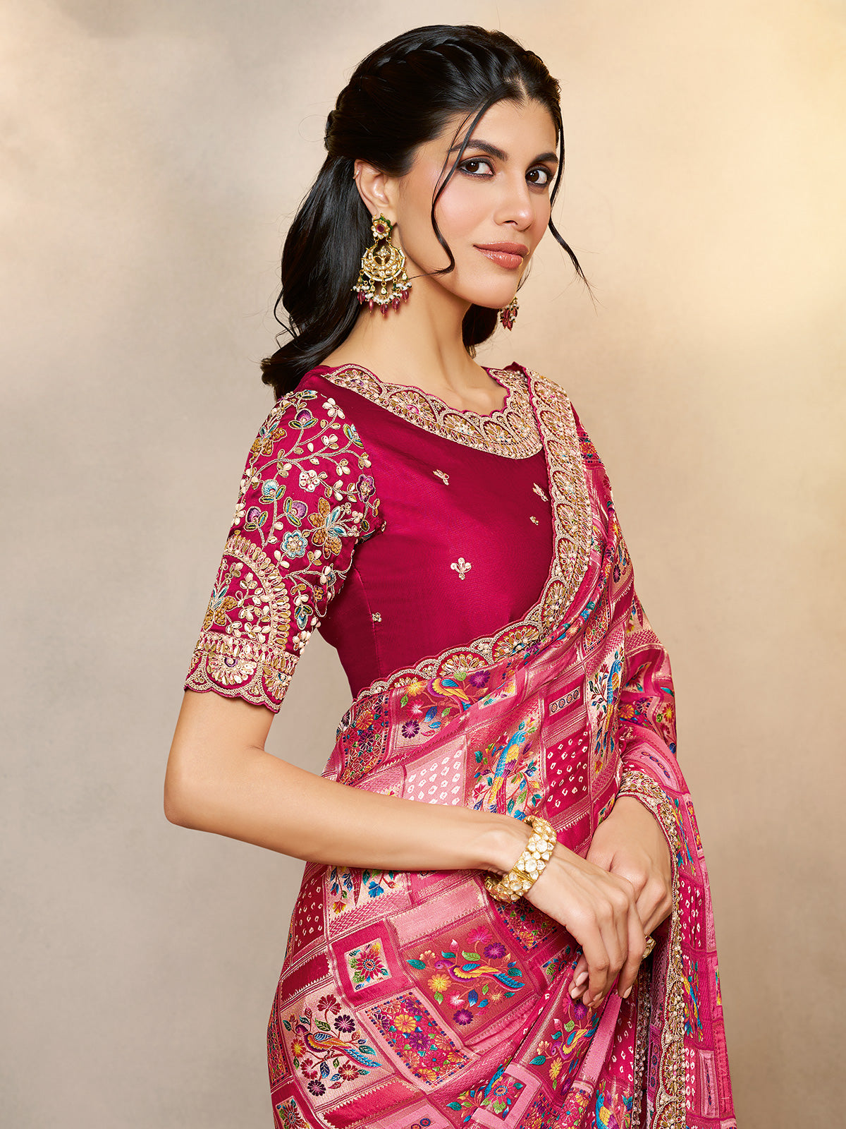 Pink gajji jacquard silk saree with printed radiance