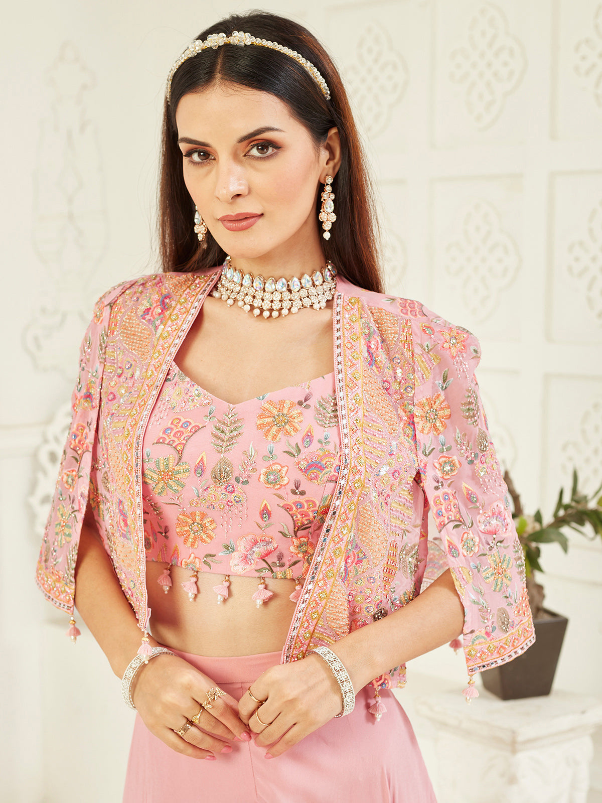 Pink georgette palazzo suit with mirror work