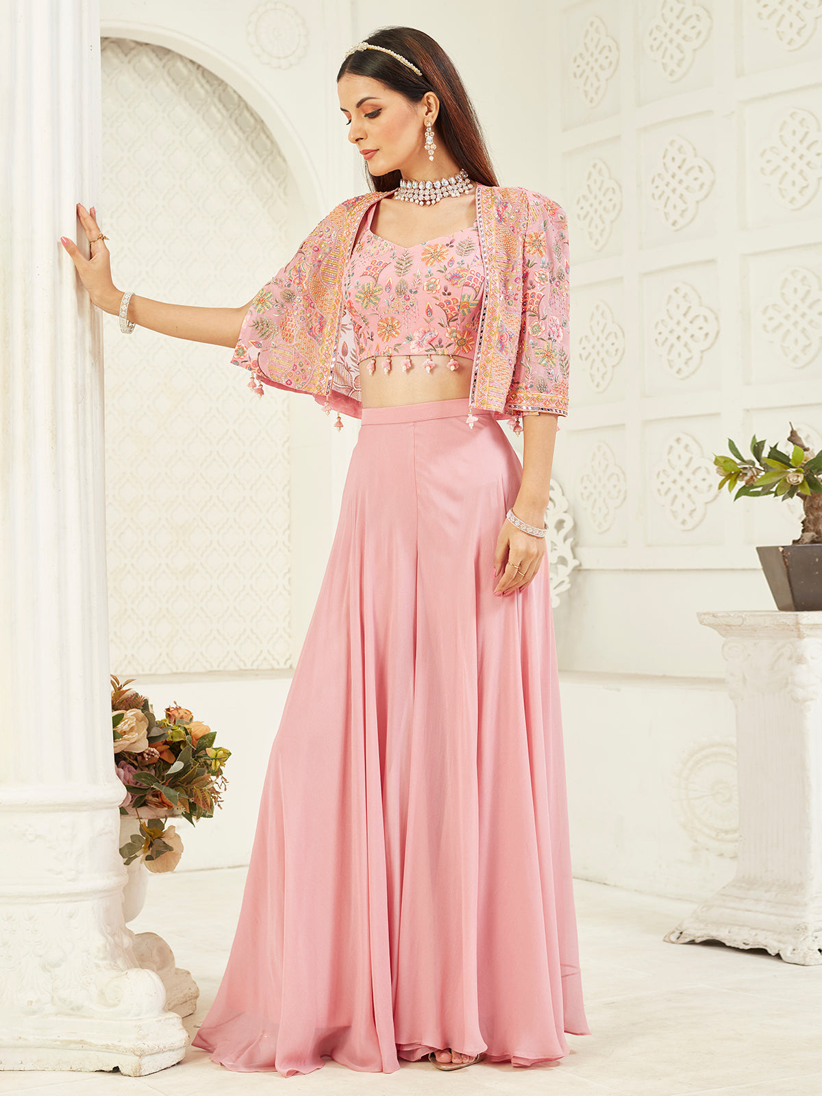 Pink georgette palazzo suit with mirror work