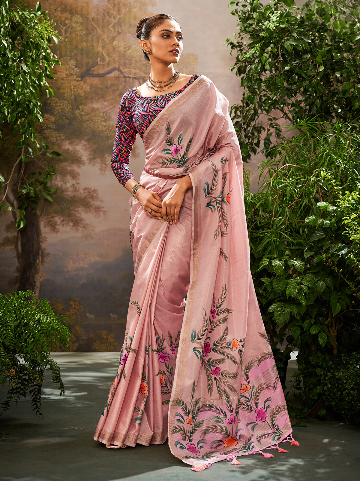 Pink linen tissue festive wear saree